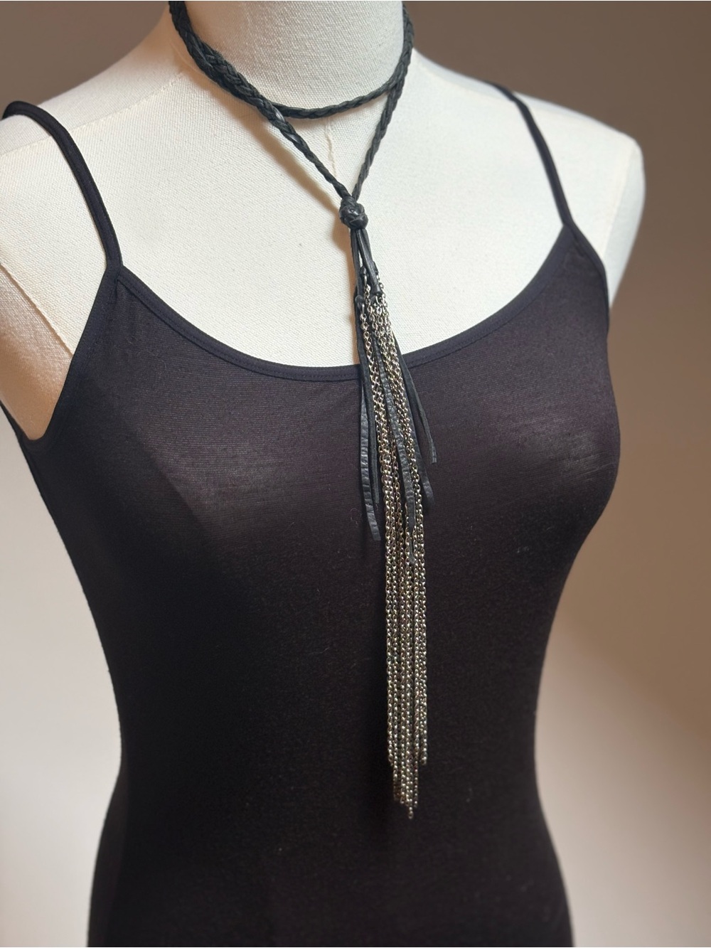 Pendant - Braided leather cord w/ silver chain & leather tassels